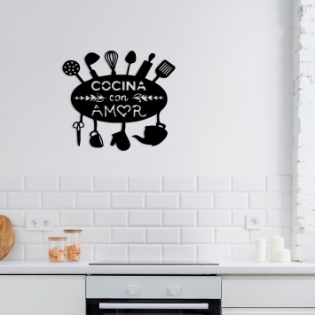 Decoración pared de metal Cocina Con Amor negro 49x1.5x43 cm