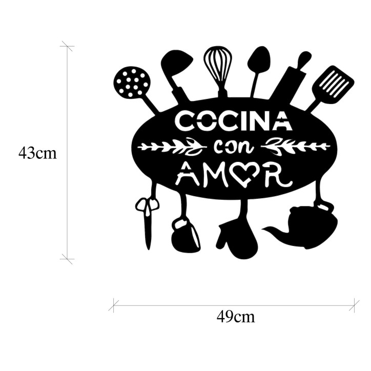 Decoración pared de metal Cocina Con Amor negro 49x1.5x43 cm