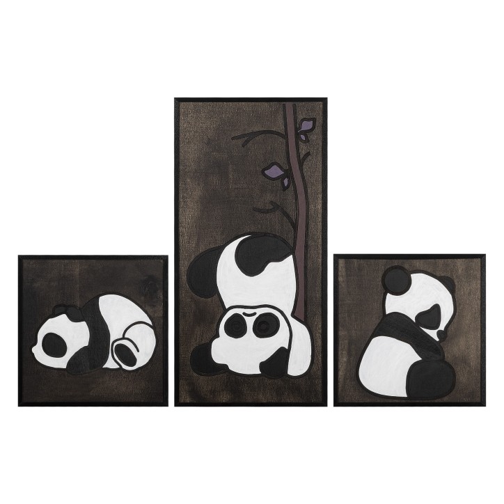 Decoración pared de madera Panda Family blanco negro 30x30 cm (2 piezas)