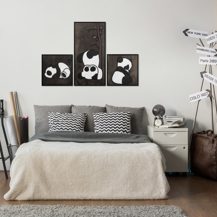 Decoración pared de madera Panda Family blanco negro 30x30 cm (2 piezas)