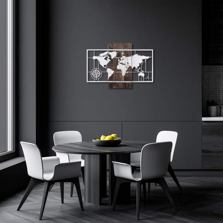 Decoración pared de madera World Map Wıth Compass plata nogal 85x58 cm