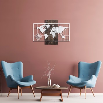 Decoración pared de madera World Map Wıth Compass plata nogal 85x58 cm