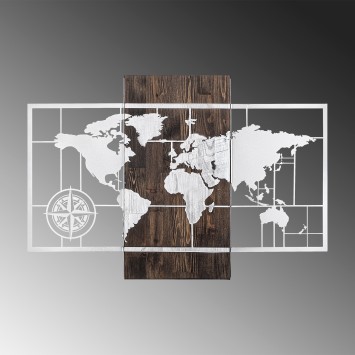 Decoración pared de madera World Map Wıth Compass plata nogal 85x58 cm