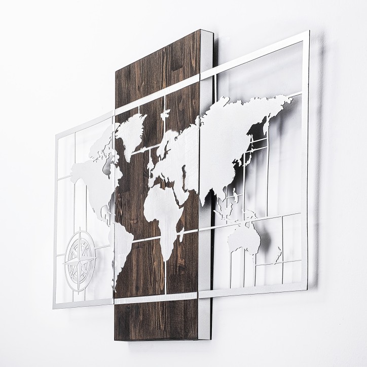 Decoración pared de madera World Map Wıth Compass plata nogal 85x58 cm