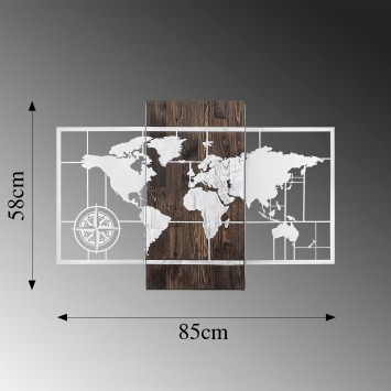 Decoración pared de madera World Map Wıth Compass plata nogal 85x58 cm