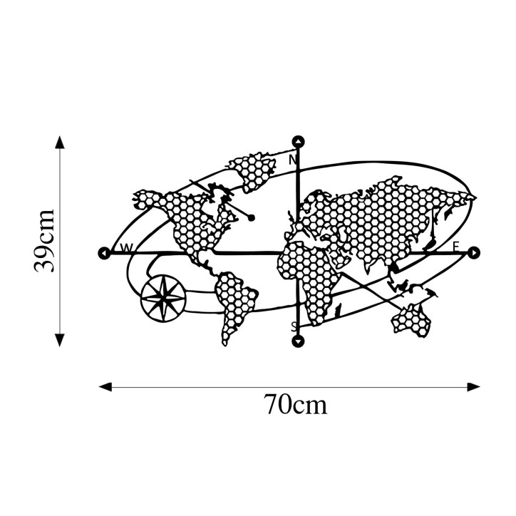 Decoración pared de metal World Map 1 negro 70x39 cm