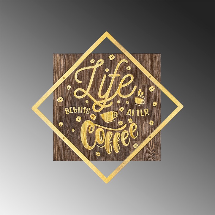 Decoración pared de madera Life Begins After Coffee oro nogal 54x54 cm