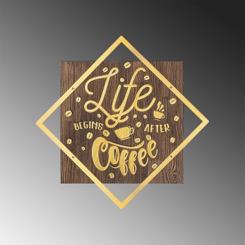 Decoración pared de madera Life Begins After Coffee oro nogal 54x54 cm