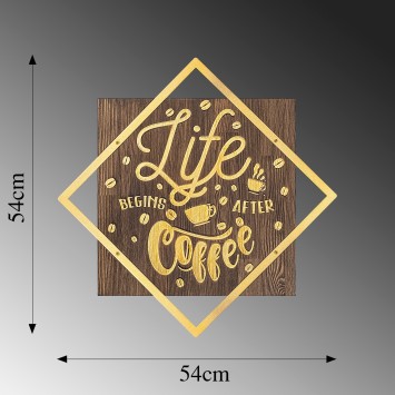 Decoración pared de madera Life Begins After Coffee oro nogal 54x54 cm