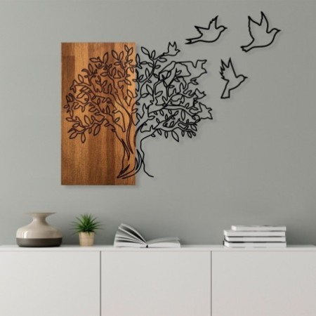 Decoración pared de madera Tree And Birds 1 nogal negro 61x58 cm