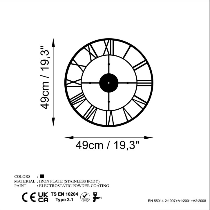 Reloj de pared metal Classical negro 49x49 cm