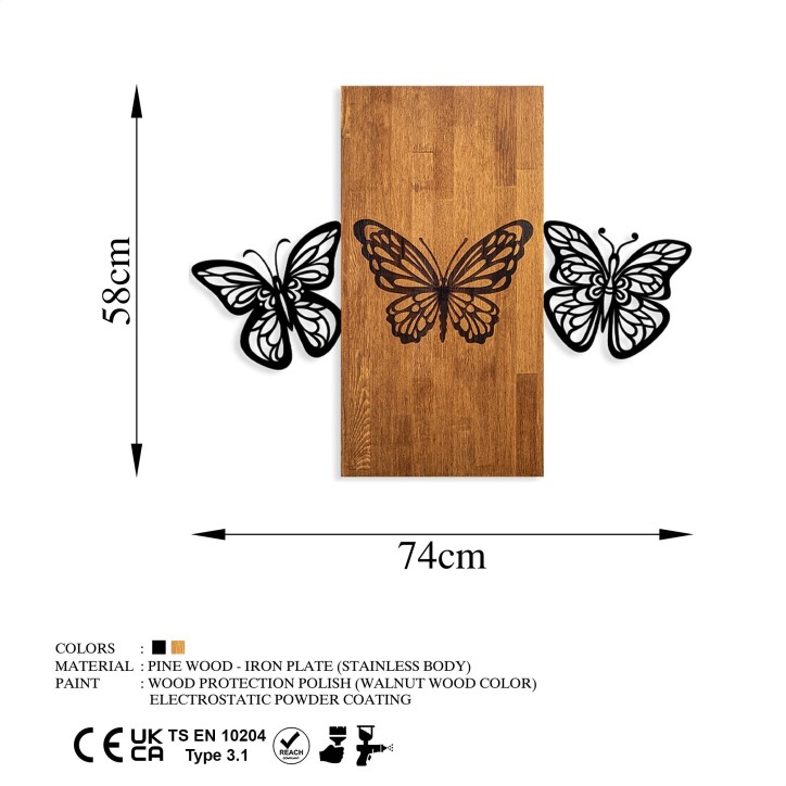 Decoración pared de madera Butterflies 2 nogal negro 74x58 cm