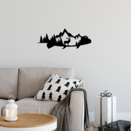 Decoración pared de metal Mountain And Deer negro 70x26 cm