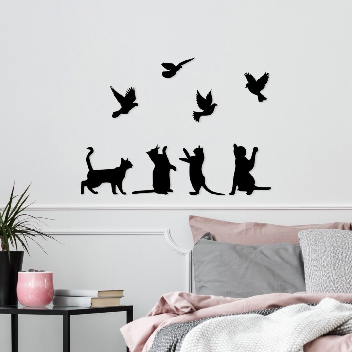 Decoración pared de metal Birds Playing With Cats negro 110x79 cm