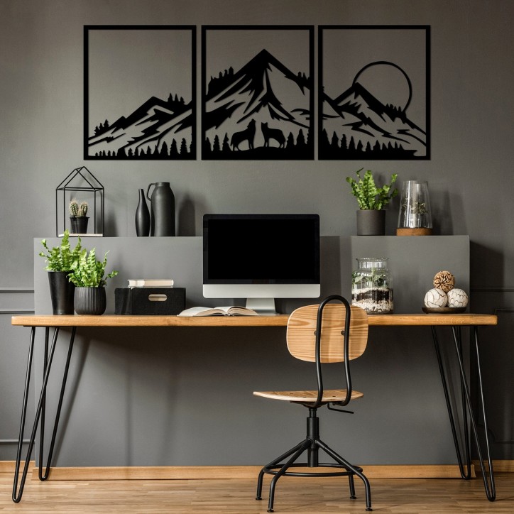 Decoración pared de metal Mountain View-528 negro 58x70 cm (3 piezas)