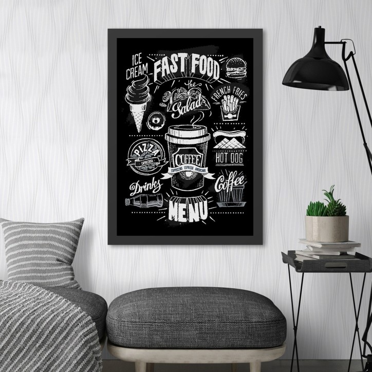 Pintura decorativa enmarcada MDF Fast Food (55 x 75) blanco negro 55x75 cm