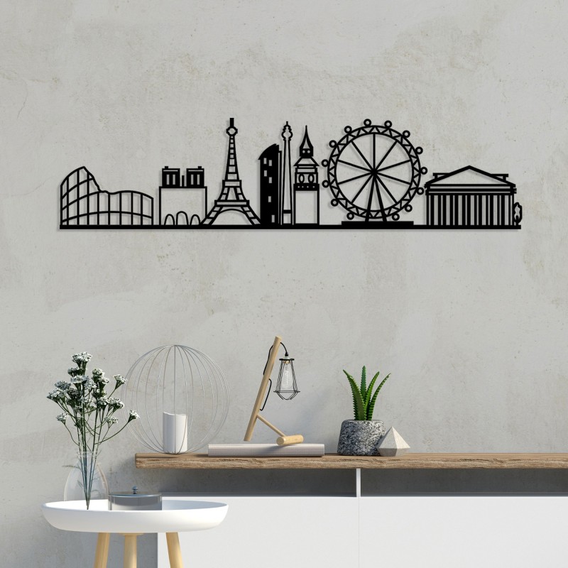 Decoración pared de metal European Cities Skyline negro 120x29 cm