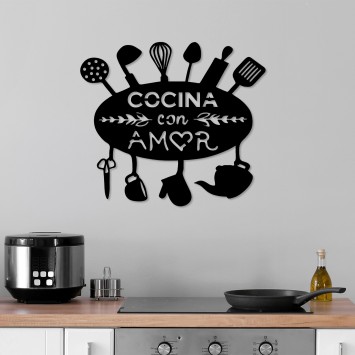 Decoración pared de metal Cocina Con Amor negro 49x1.5x43 cm