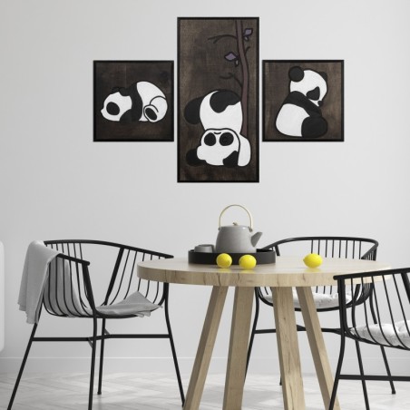 Decoración pared de madera Panda Family blanco negro 30x30 cm (2 piezas)