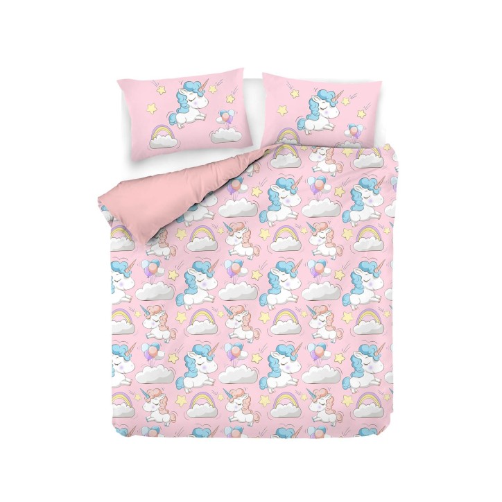 Juego ropa de cama doble Ranforce Unicornio azul blanco rosa