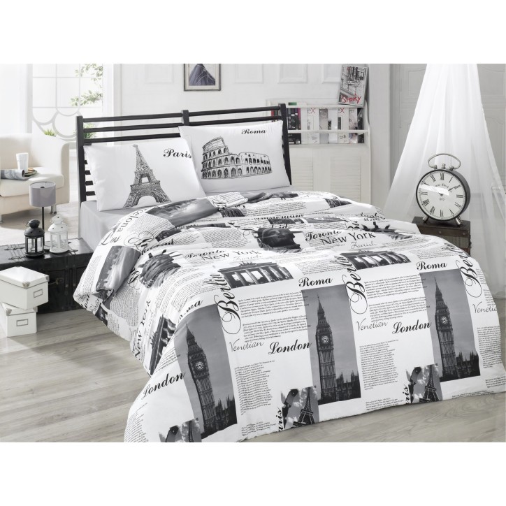 Juego ropa de cama Ranforce King City gris negro blanco