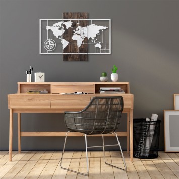 Decoración pared de madera World Map Wıth Compass plata nogal 85x58 cm