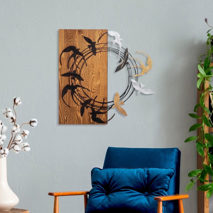 Decoración pared de madera Spiral Birds 2 nogal negro 58x58 cm