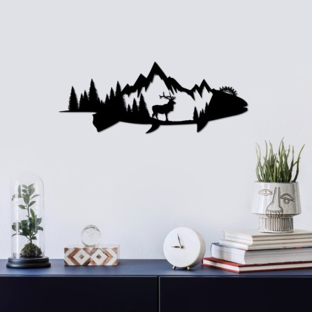 Decoración pared de metal Mountain And Deer negro 70x26 cm