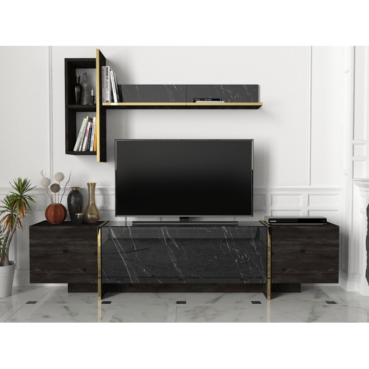 Mueble TV con estante Veyron dorado negro