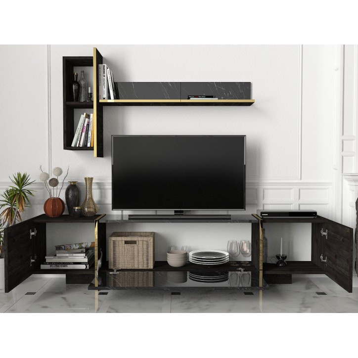 Mueble TV con estante Veyron dorado negro