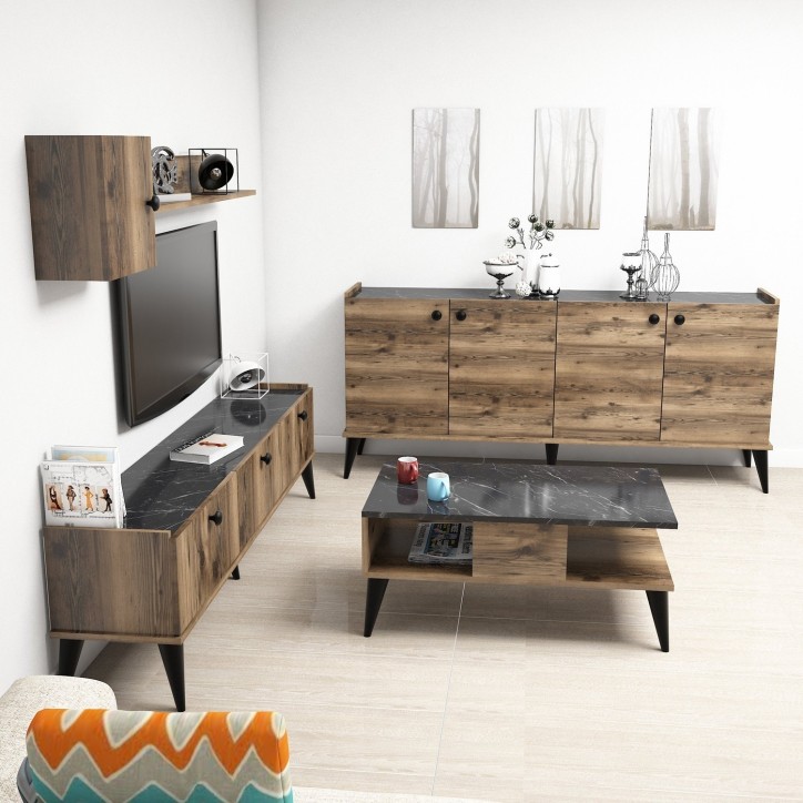 Conjunto de muebles de salón Lidya 2 mármol nogal