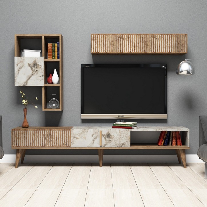 Mueble TV con estante Milan blanco nogal