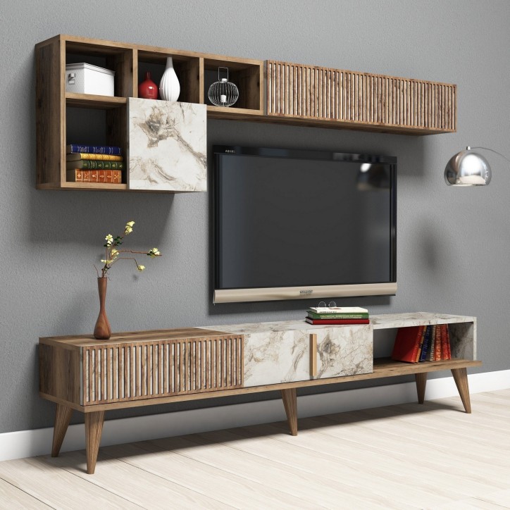 Mueble TV con estante Milan blanco nogal