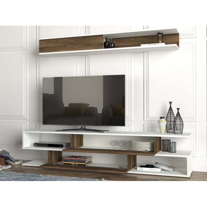 Mueble TV con estante Manyetik nogal blanco