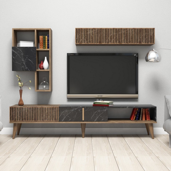 Mueble TV con estante Milan negro nogal