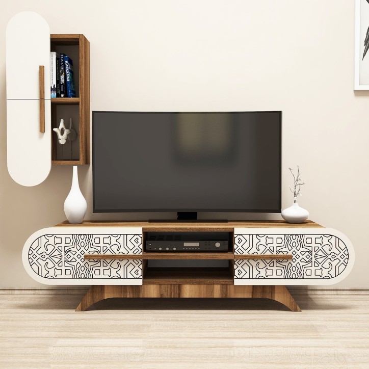 Mueble TV con estante Defne crema nogal