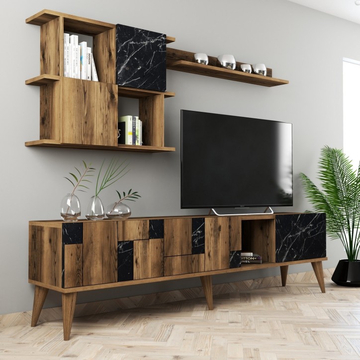 Mueble TV con estante Madrid negro nogal