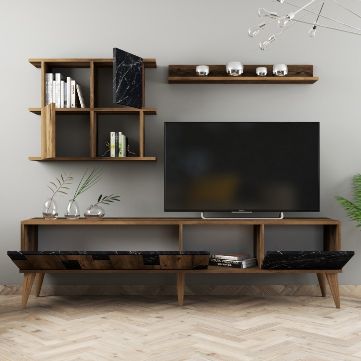 Mueble TV con estante Madrid negro nogal