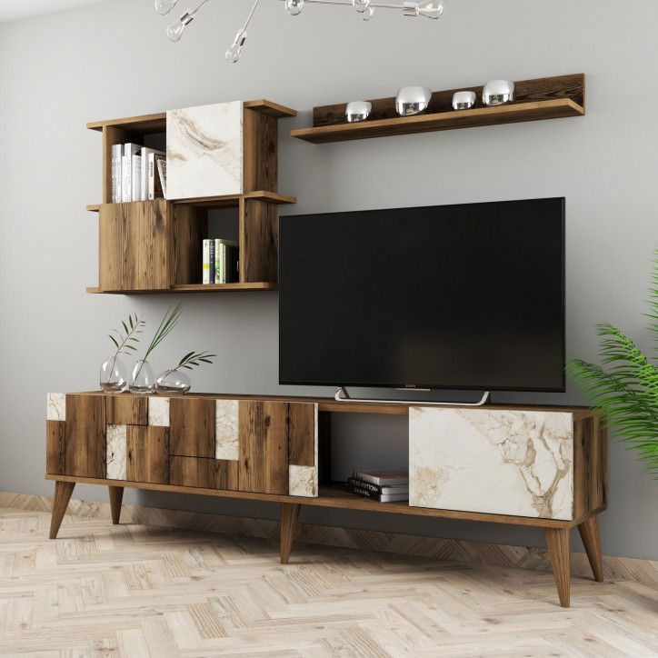 Mueble TV con estante Madrid nogal blanco