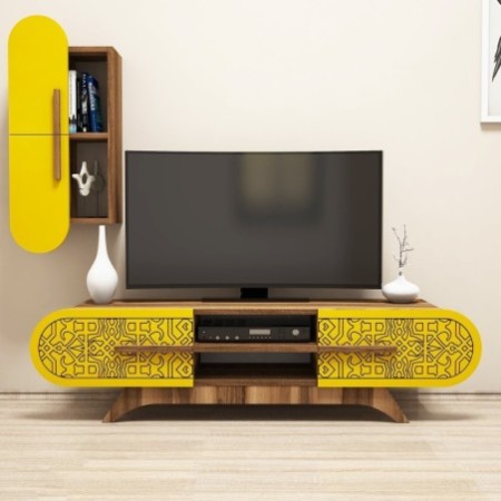 Mueble TV con estante Defne amarillo nogal