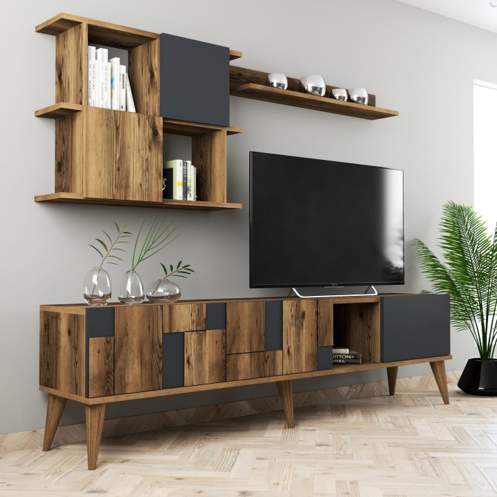 Mueble TV con estante Madrid antracita nogal