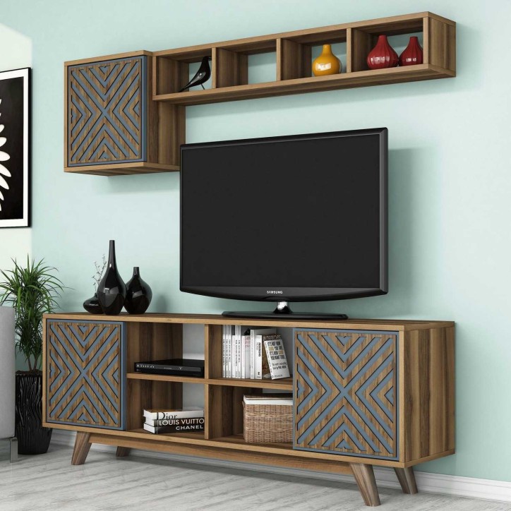 Mueble TV con estante İnci azul nogal