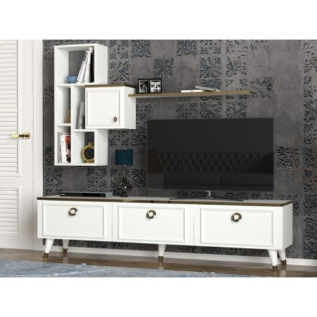 Mueble TV con estante Kornelya dorado blanco