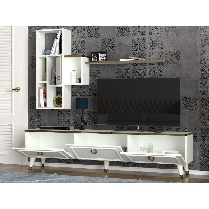 Mueble TV con estante Kornelya dorado blanco