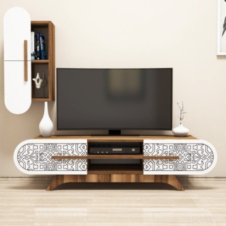 Mueble TV con estante Defne blanco nogal