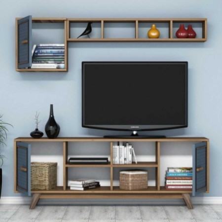 Mueble TV con estante Ayla azul nogal