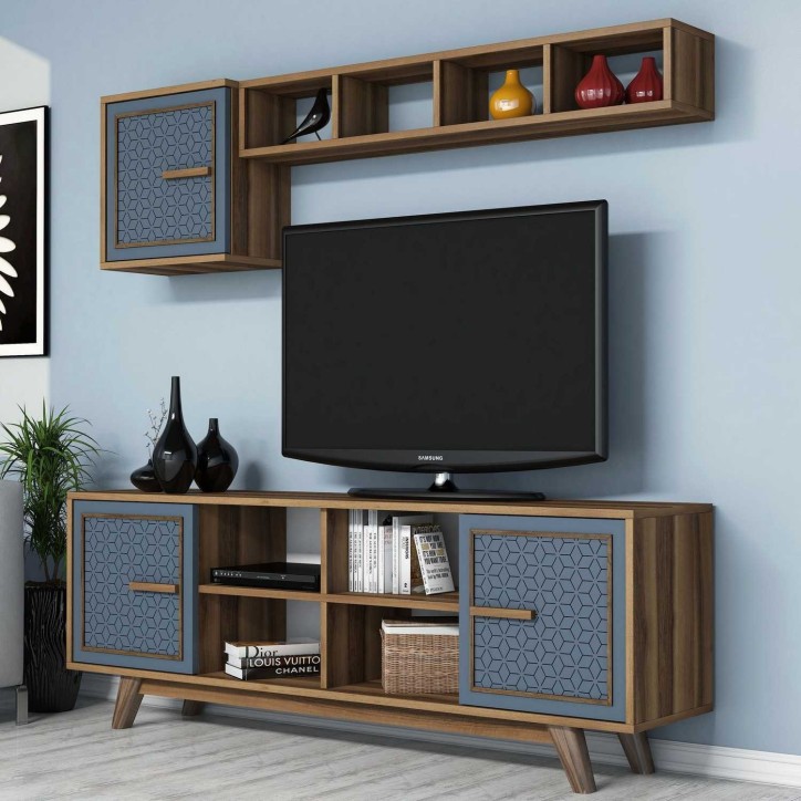 Mueble TV con estante Ayla azul nogal