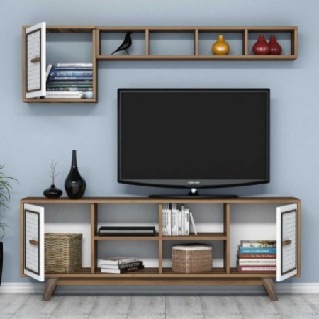 Mueble TV con estante Ayla blanco nogal