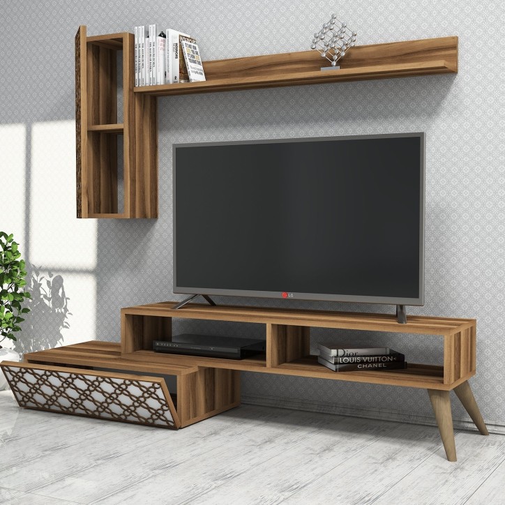 Mueble TV con estante Planet blanco nogal