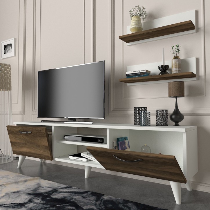 Mueble TV con estante Geacles blanco nogal